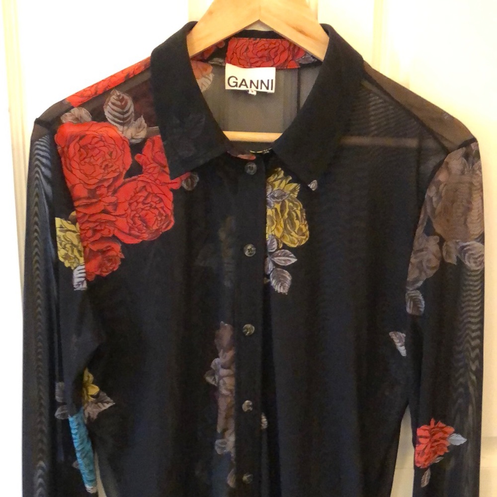 Ganni Floral Print Mesh Shirt